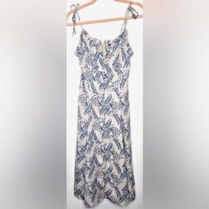 Womens Palm Print Midi Dress Medium Blue White Tropical Leaf Button Up Vacation